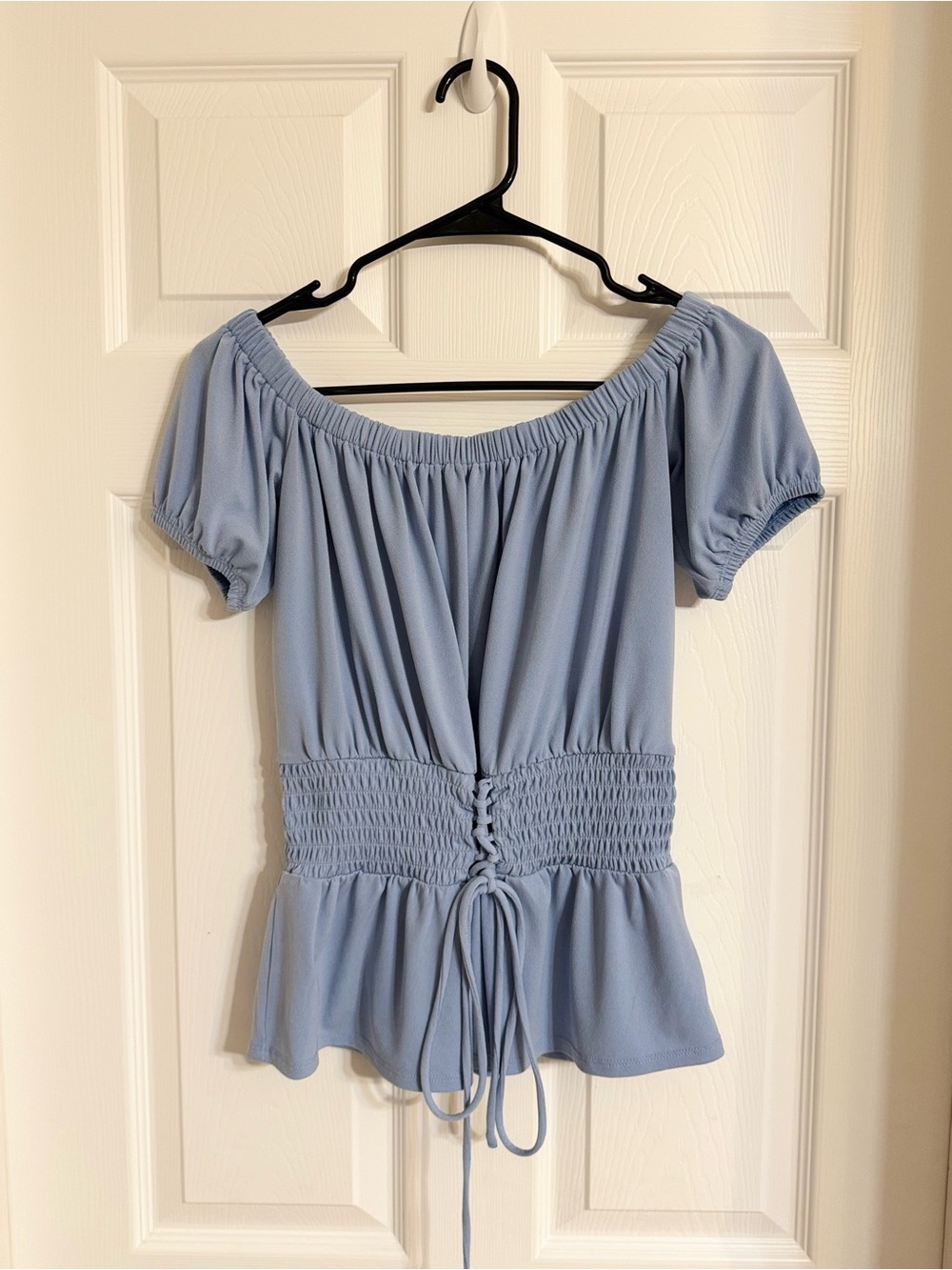 Express Light Blue Off-Shoulder Smocked Tie-Waist Top